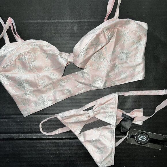 Victoria's Secret Designer Collection 32C BRA BRALETTE SET S Pink Silver Palm - Picture 2 of 6